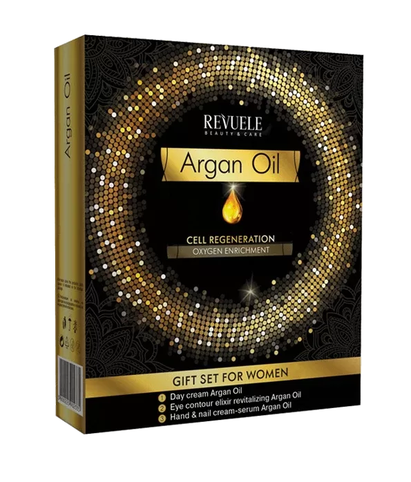 REVUELE Подарочный набор АРГАНОВОЕ МАСЛО Крем для лица 50 мл + Крем для рук и ногтей 50 мл + Эликсир для контура глаз 25 мл